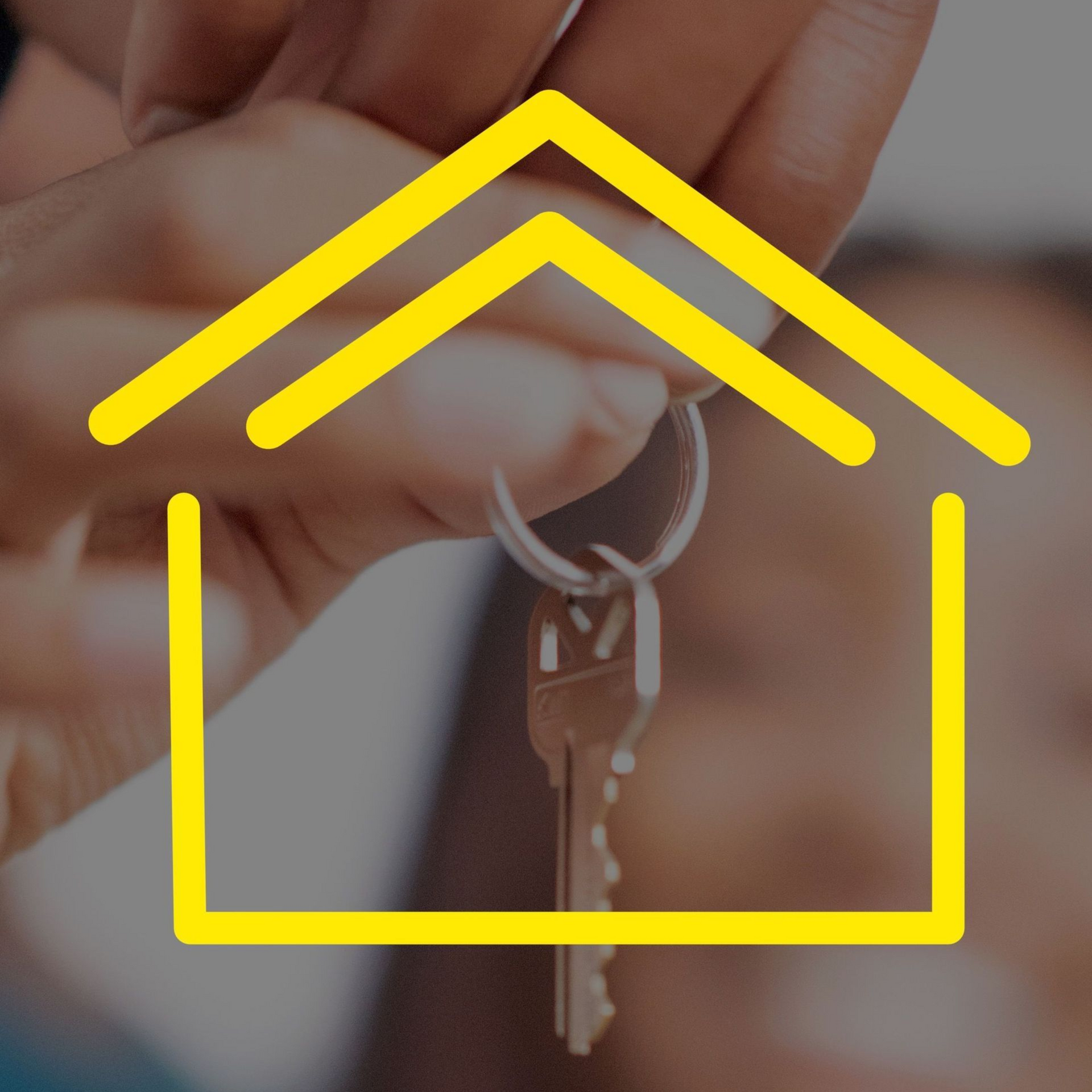 Hand holding a set of keys in front of a blurred background, outlined by a yellow house icon.