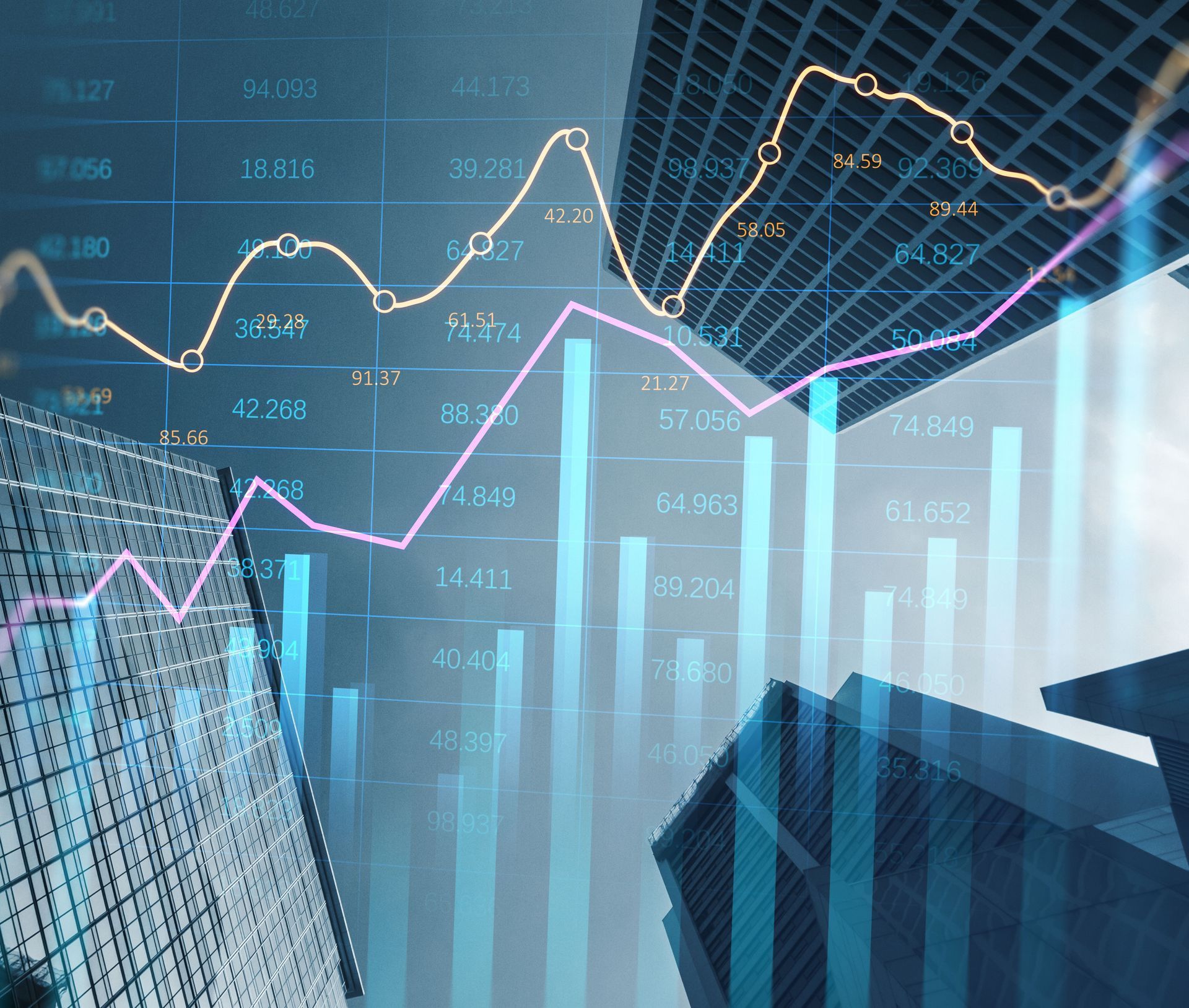Blue city skyline with rising and falling stock charts overlayed, suggesting financial market trends