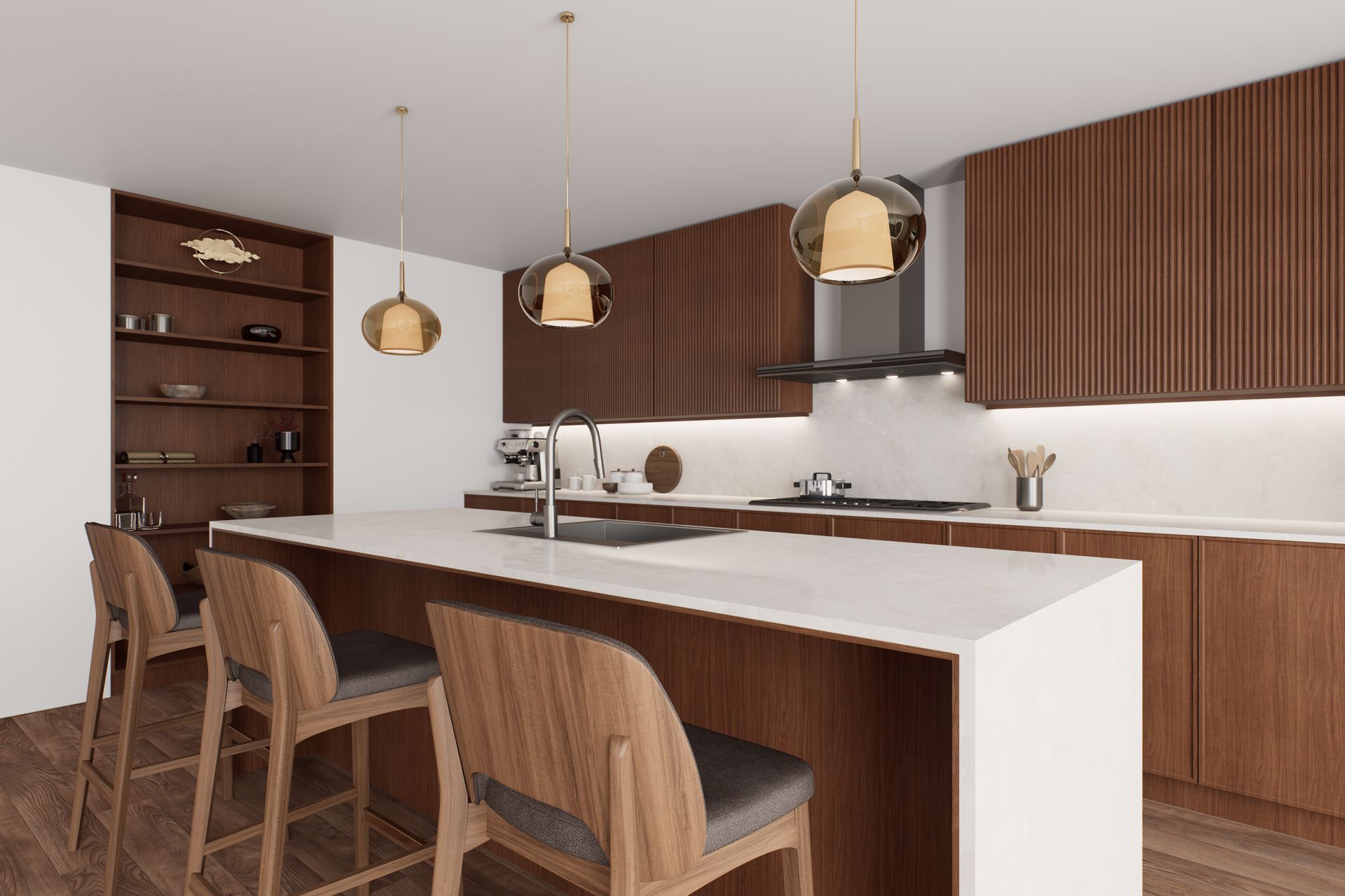 A kitchen with wooden cabinets and a white counter top.