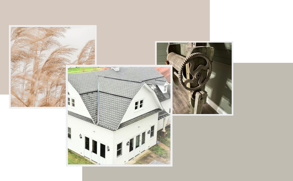 Three images arranged on a neutral background: a house, decorative grass, and a metal wheel.