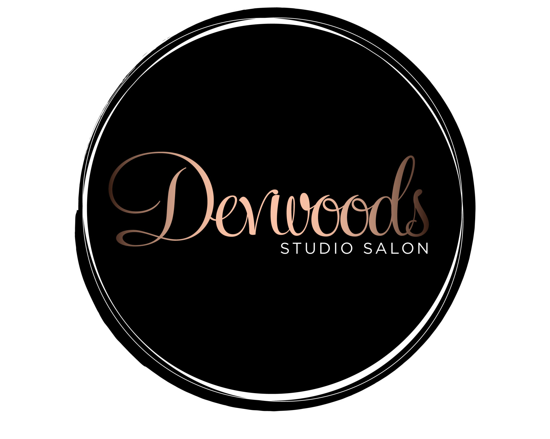 Logo for Denwoods Studio Salon: Black circle with rose gold script, 