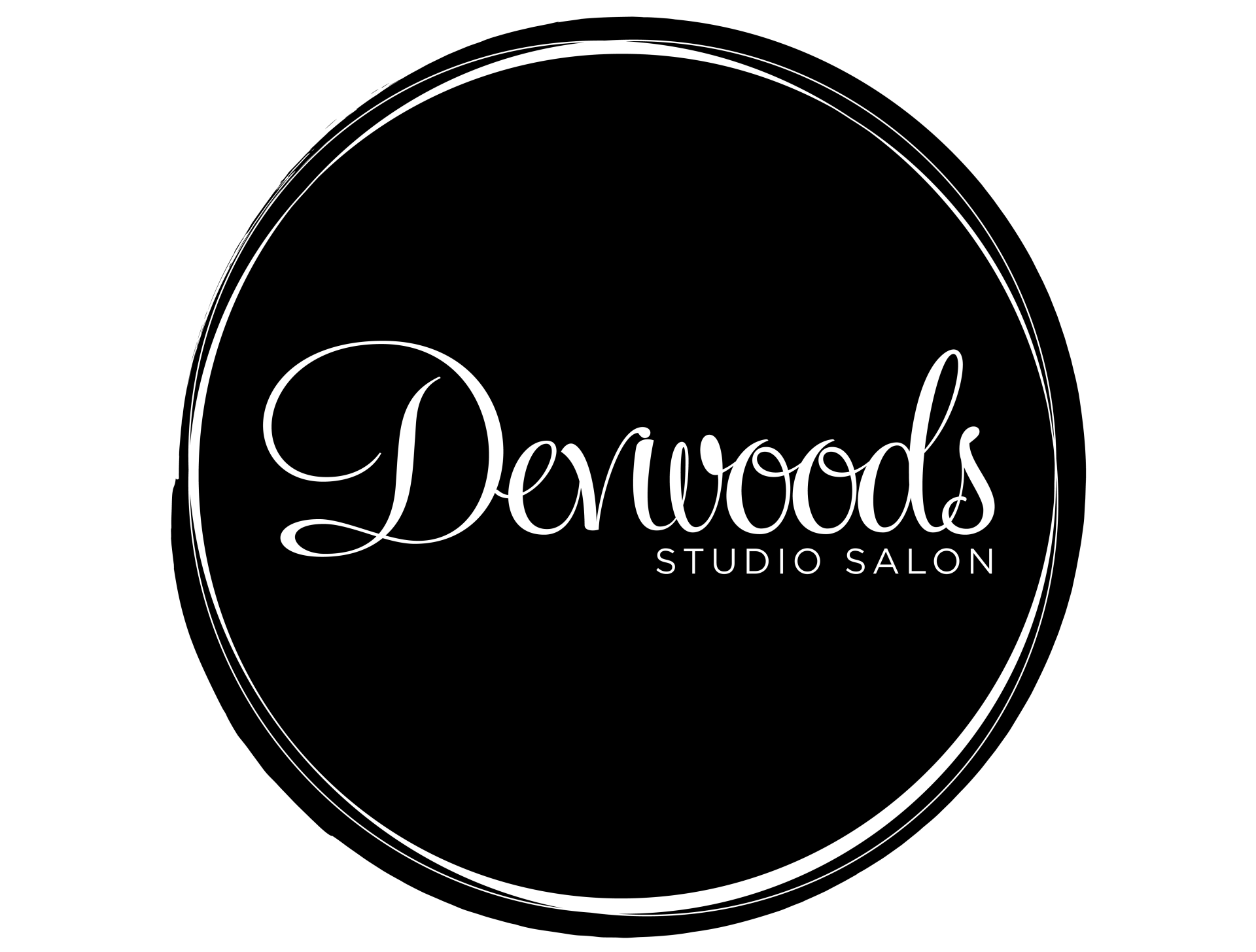 Logo for Denwoods Studio Salon: white cursive text within a black circle;