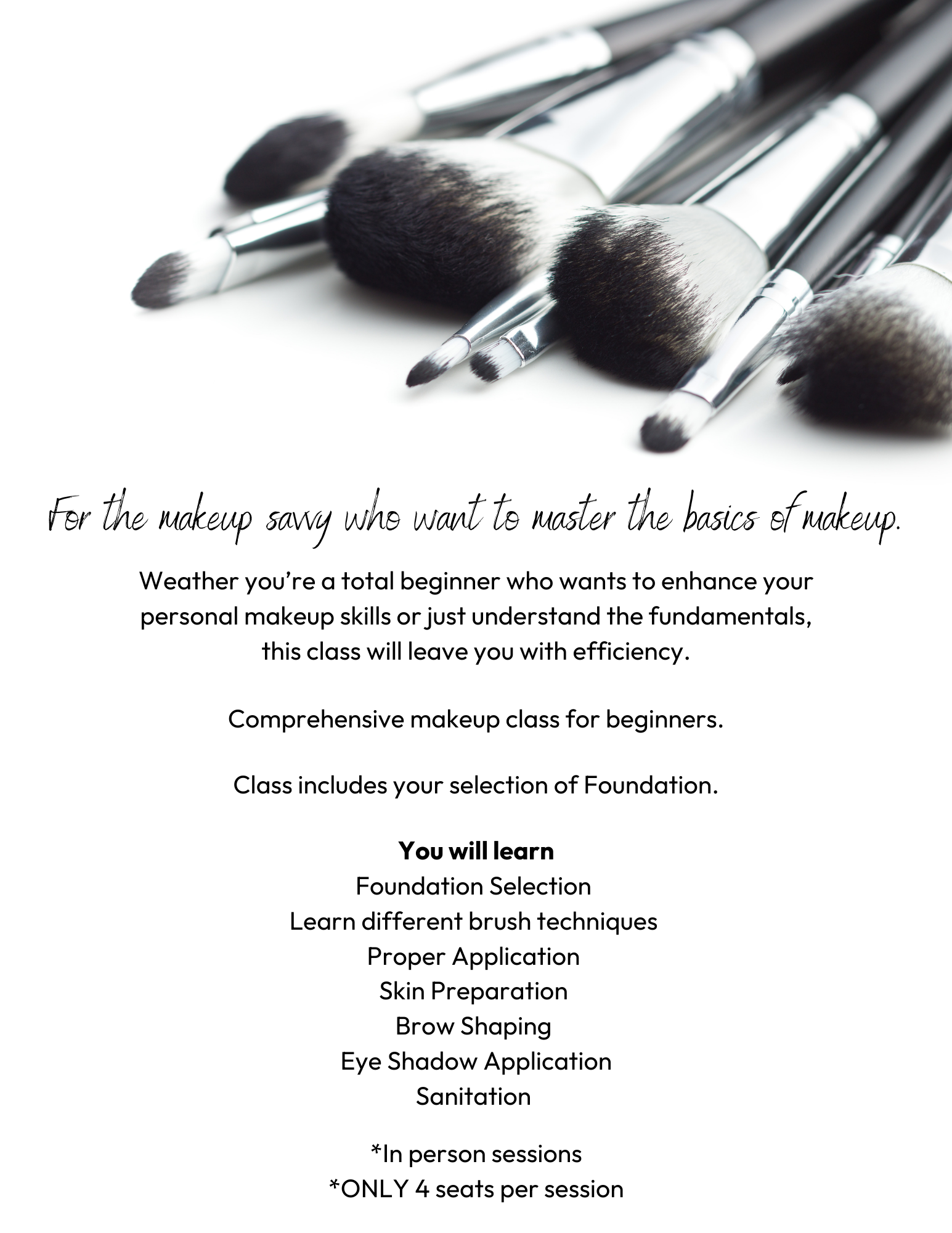 Makeup brushes and text advertising a makeup class for beginners.