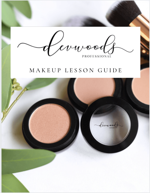 Makeup lesson guide cover with makeup, brushes, and greenery.