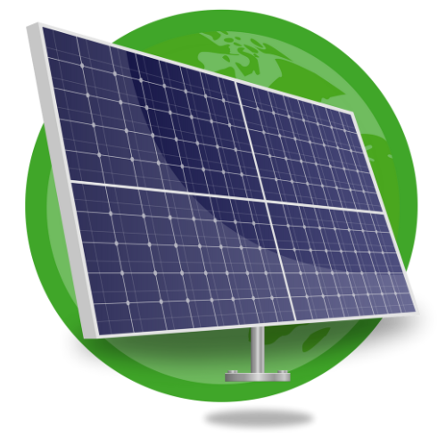 A solar panel in a green circle with a globe in the background A solar panel in a green circle with a globe in the background