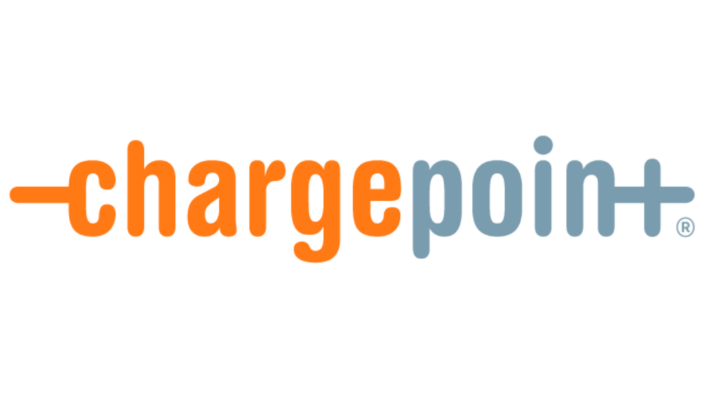 The logo for chargepoint is orange and blue on a white background. The logo for chargepoint is orange and blue on a white background.