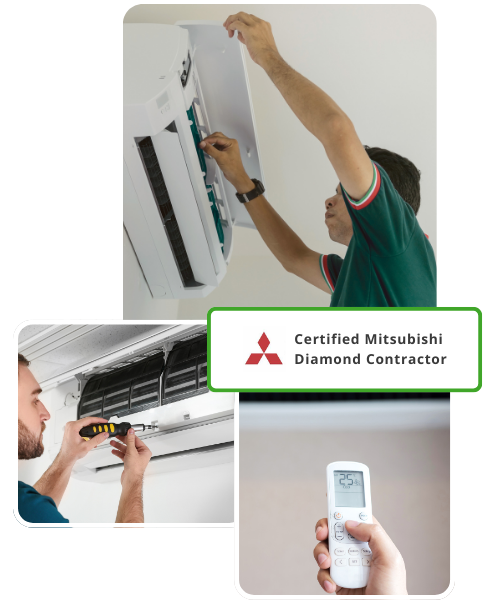 A man is working on a mitsubishi diamond contractor air conditioner A man is working on a mitsubishi diamond contractor air conditioner