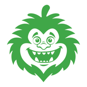 A green cartoon monster with a big smile on its face.