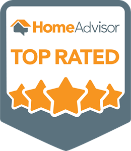 A badge that says home advisor top rated with five stars. A badge that says home advisor top rated with five stars.