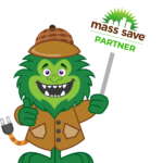 A green monster is holding a sign that says mass save partner. A green monster is holding a sign that says mass save partner.