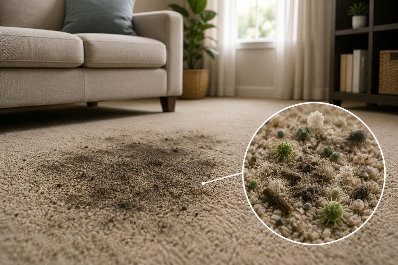 Living room rug with a large stain and a close-up inset showing mold growth