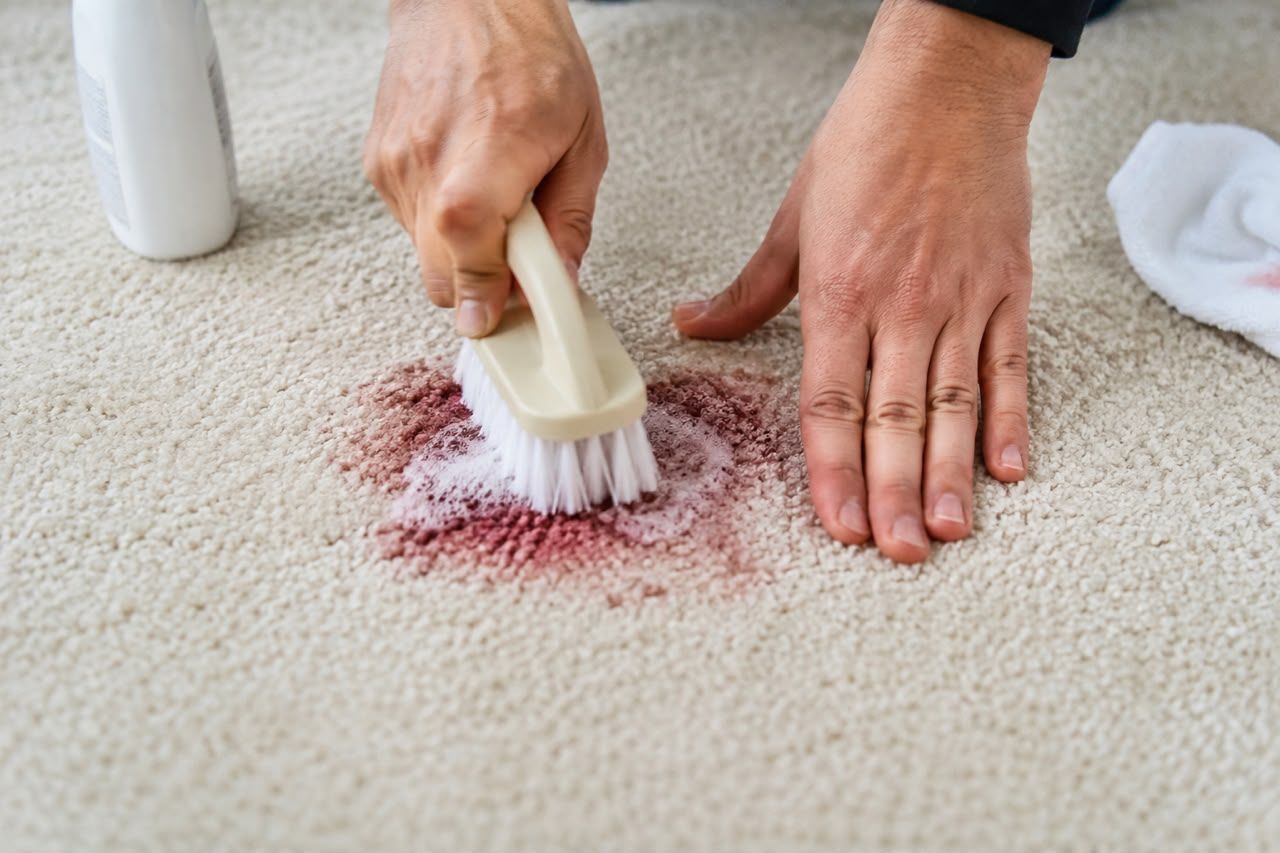 Hands scrubbing a red stain from a carpet with a brush and cleaning cloth