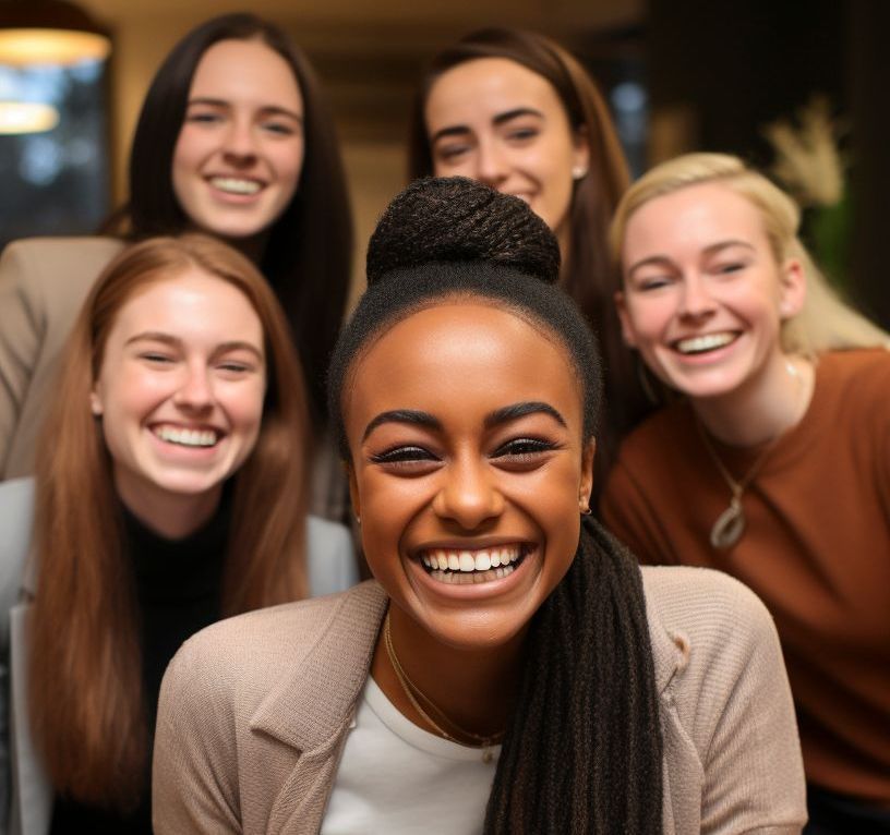 Um grupo de mulheres está posando para uma foto e uma delas está sorrindo