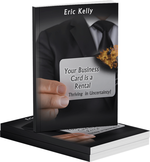 Book cover titled “Your Business Card is a Rental” by Eric Kelly, with a suit and business card graphic.