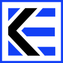 Blue-and-white geometric logo with a black stylized K or arrow shape in a square frame