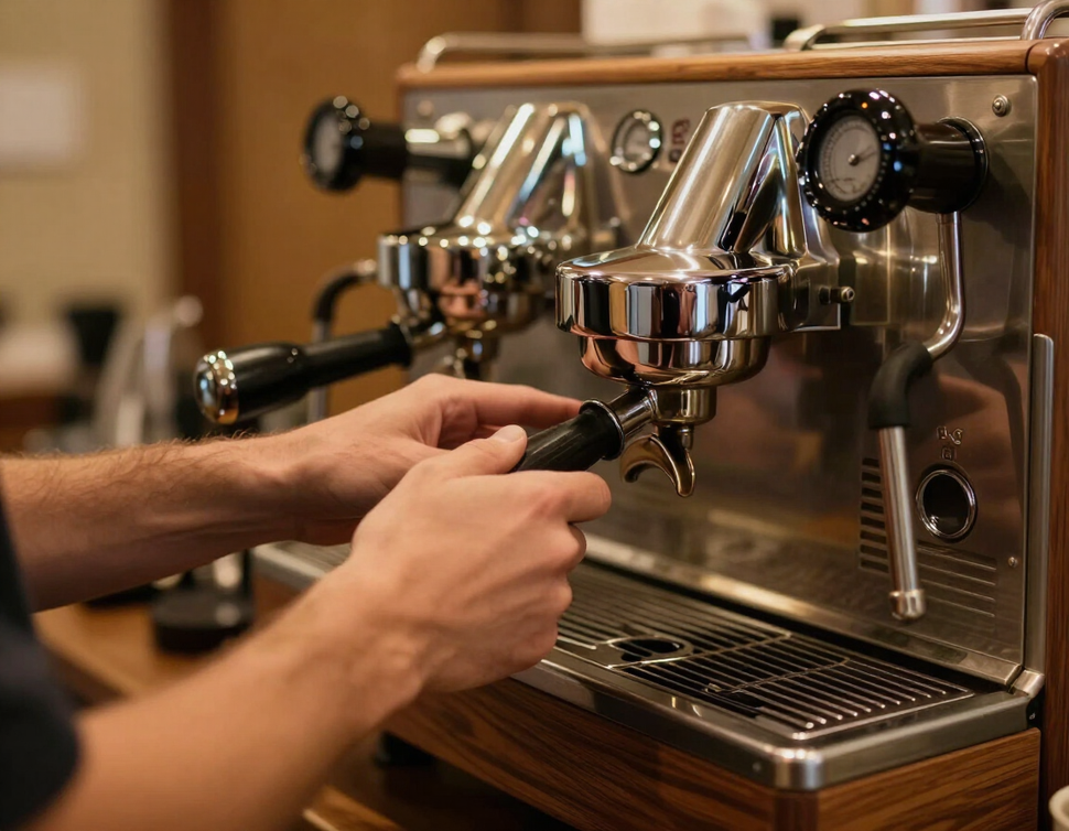 Male barista at espresso machine