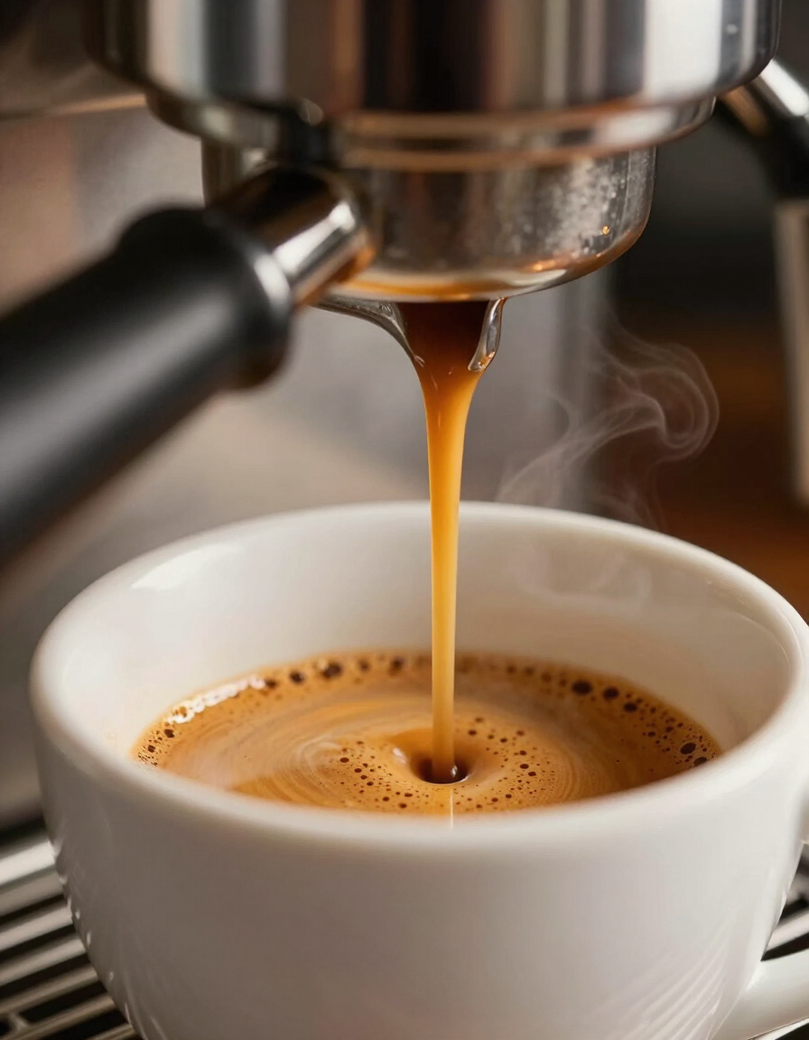 Espresso being extracted into a ceramic cup