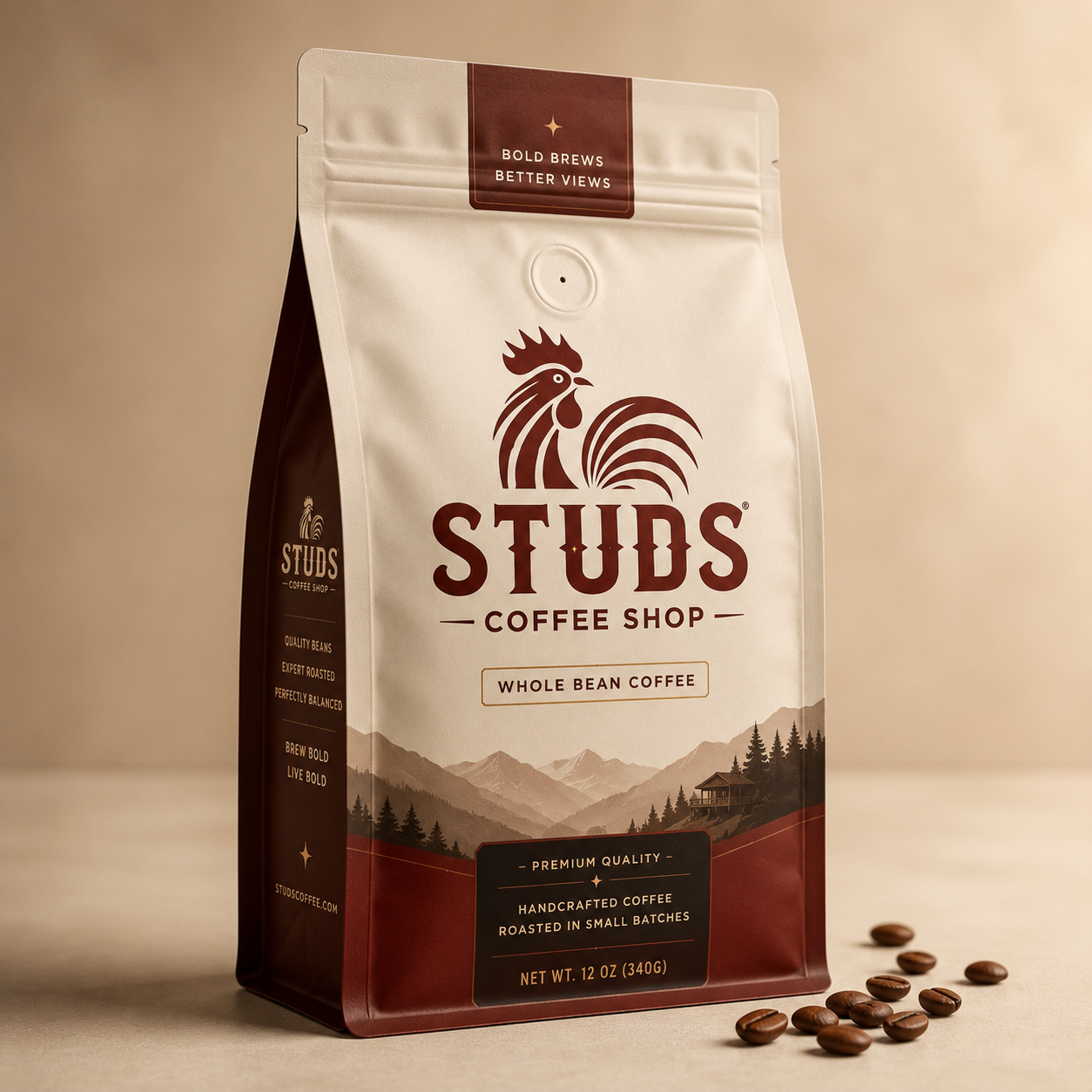 Brown and cream STUDS Coffee Shop bag with a rooster logo and coffee beans beside it