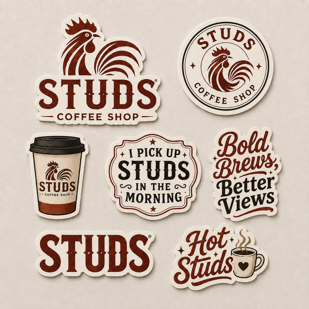 Collection of brown vintage “STUDS Coffee Shop” logo and sticker designs on a beige background