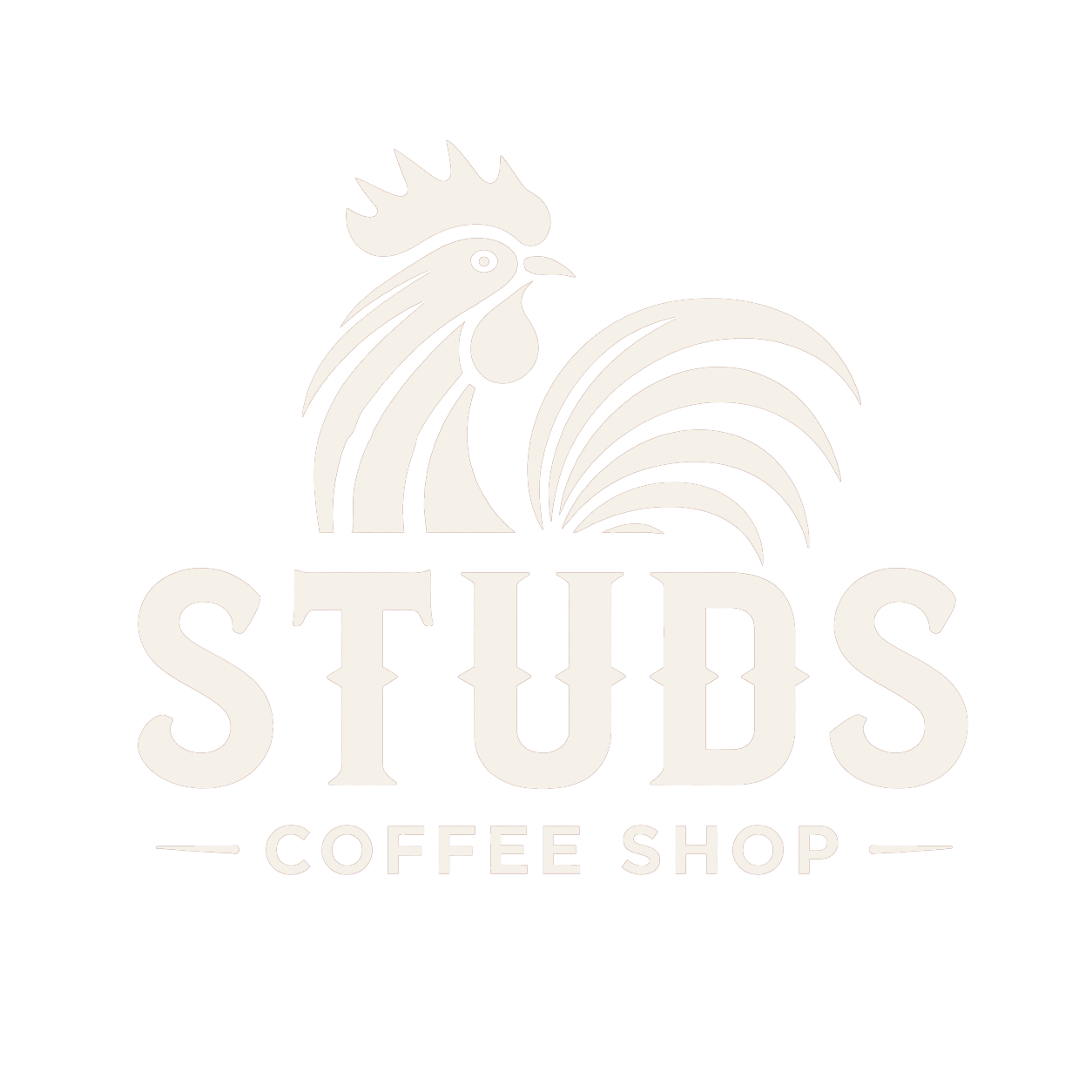 STUDS Coffee Shop logo with a cream rooster and text on a white background
