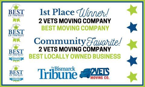 Award badges for 2 Vets Moving Company, including 1st Place Winner and Community Favorite.
