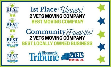 Award badges for 2 Vets Moving Company, including 1st Place Winner and Community Favorite.