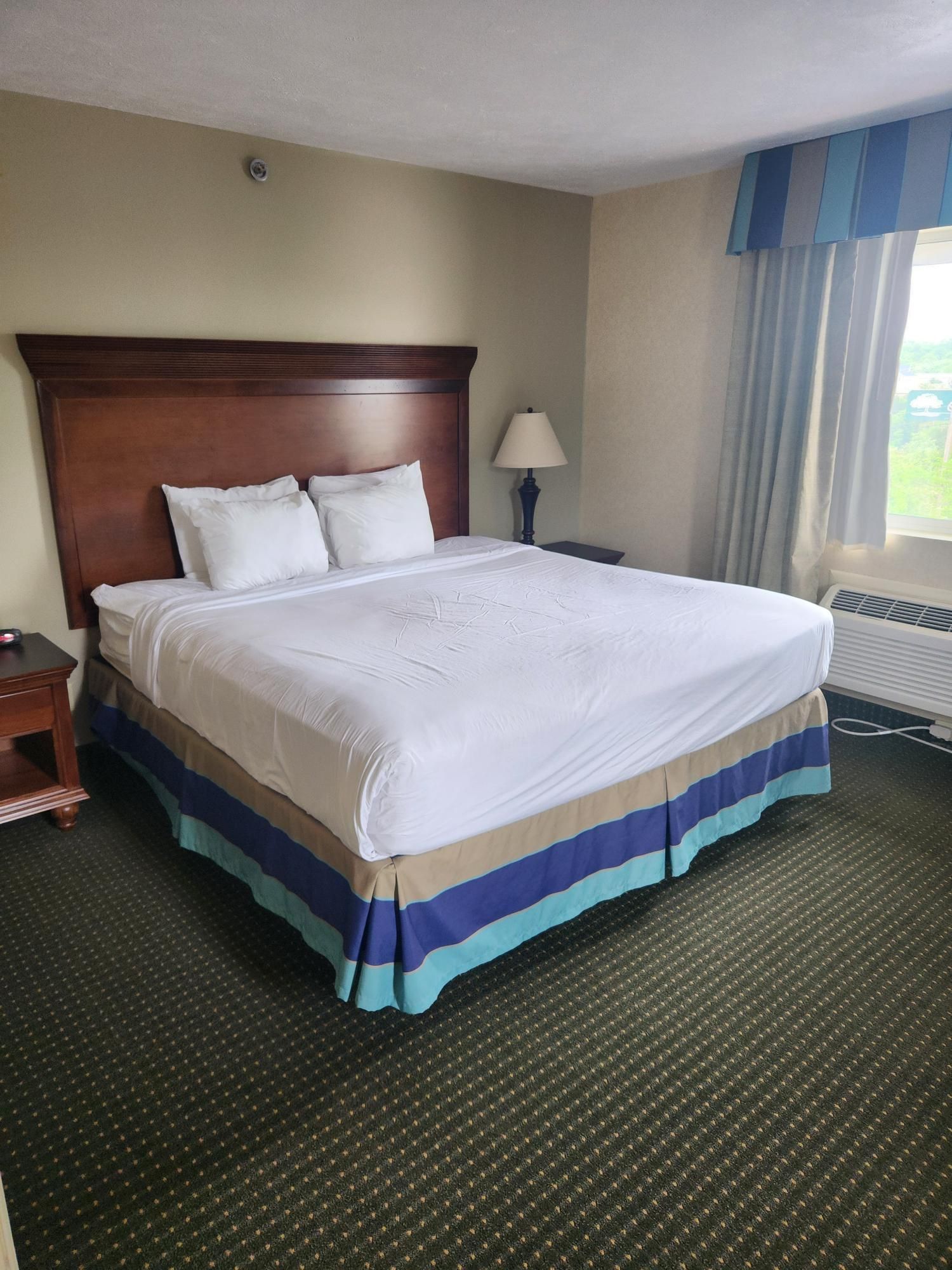 A hotel room with a king size bed and a lamp.