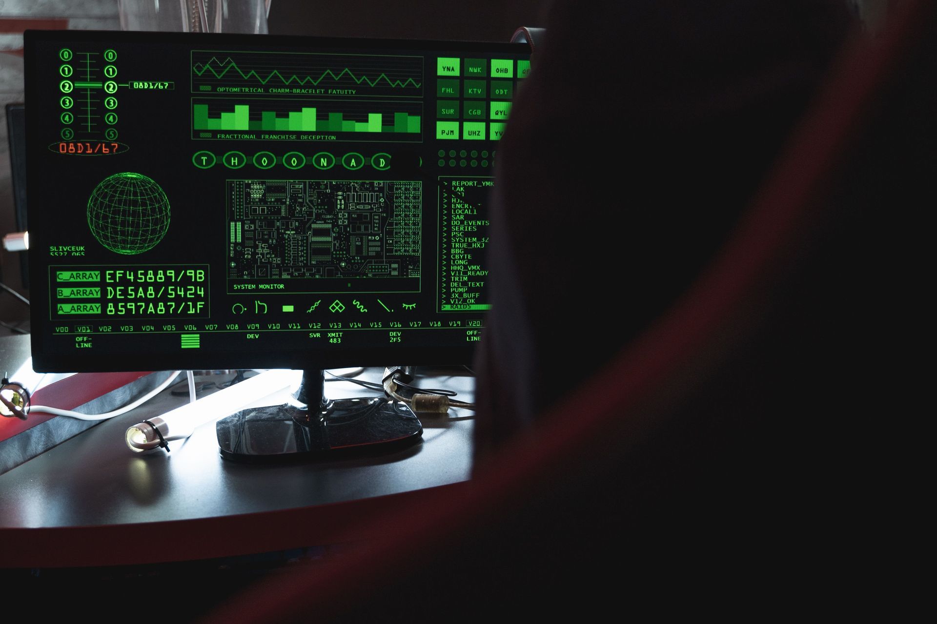 Futuristic green HUD on a computer monitor in a dark room, with a desk and electronics in the foreground