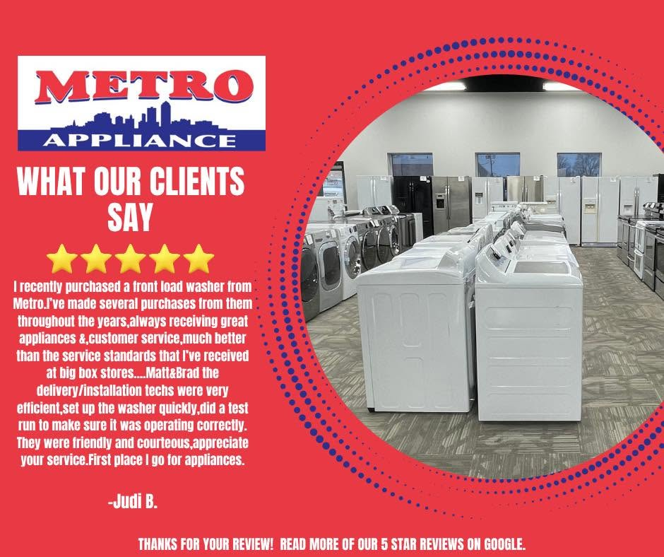 Metro Appliance ad with customer testimonial and rows of white appliances on a red background