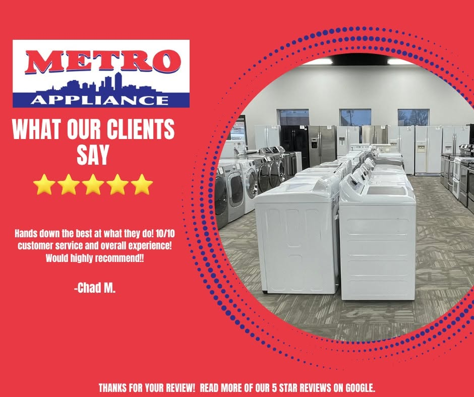 Metro Appliance ad with red background, customer review stars, and rows of white appliances in a showroom