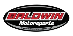 Baldwin Motorsports logo in red, white, and black on a black oval background