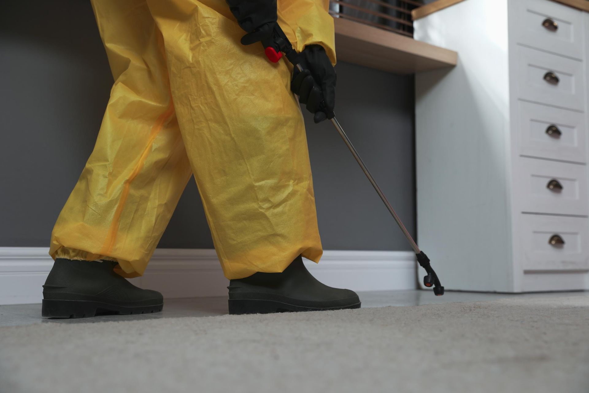 A Person in a Yellow Suit is Spraying a Room With a Sprayer — Territory Pest Control In Winnellie, NT