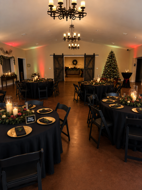 Elegant banquet hall with black-draped tables, candles, and a lit Christmas tree.