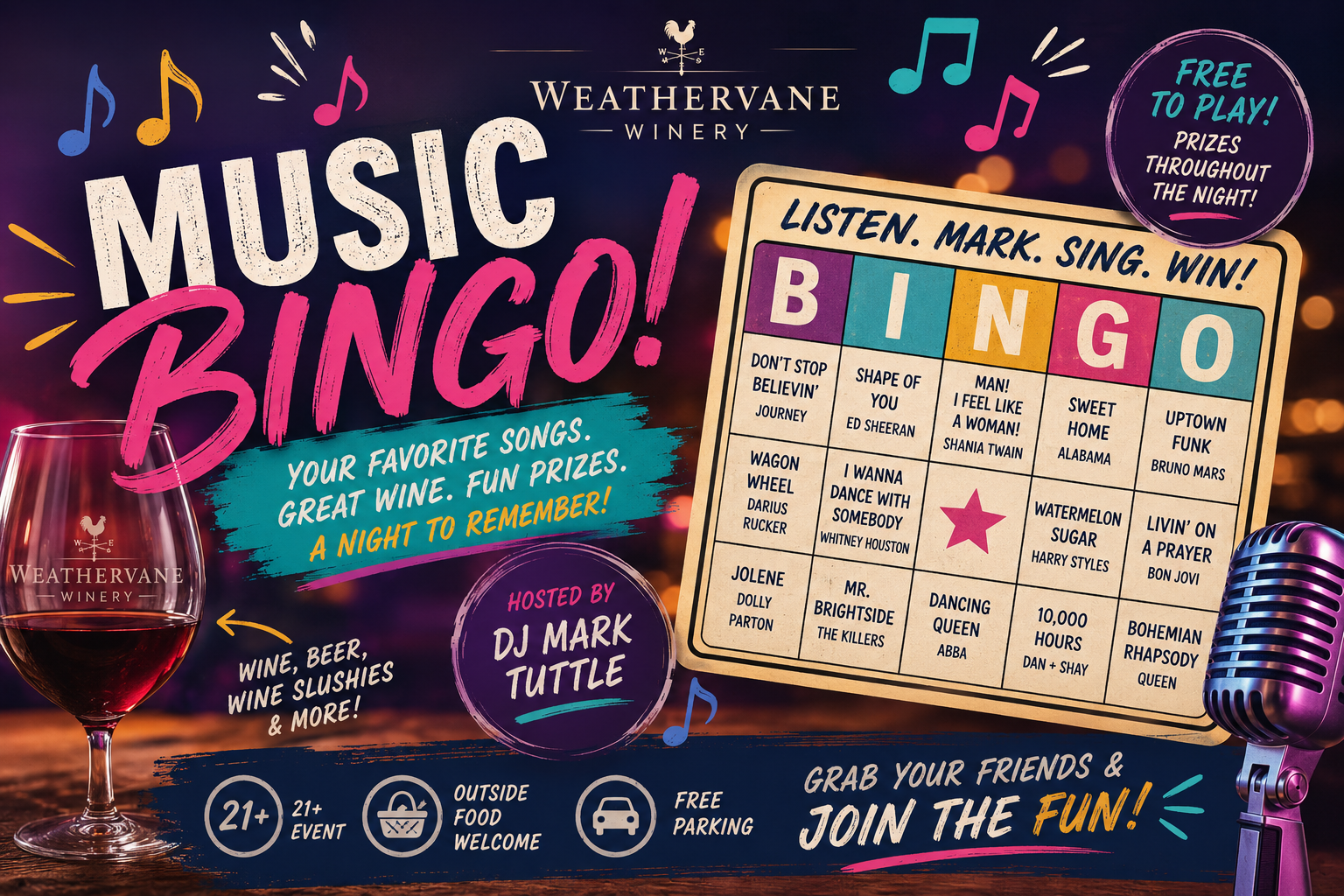 Music bingo party poster with bold pink-and-white text, bingo card, microphone, cocktail, and neon music notes.