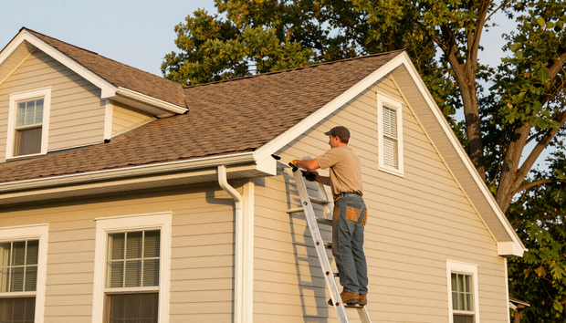 Worker in safety gear repairing shingles on a steep residential roof Worker in safety gear repairing shingles on a steep residential roof