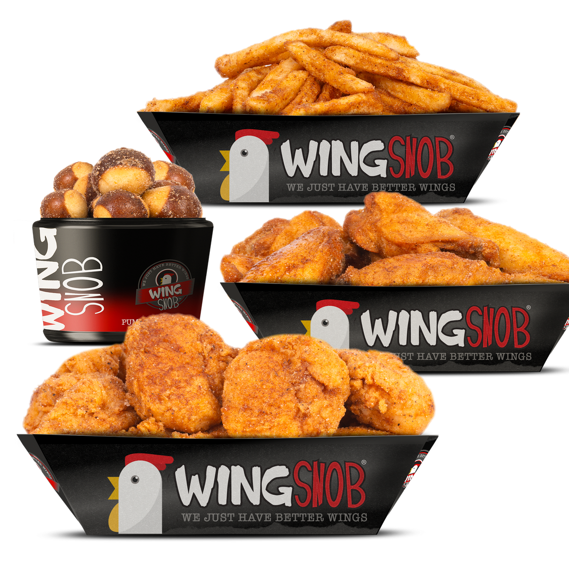 Black takeout trays of saucy orange chicken wings with Wingstop branding