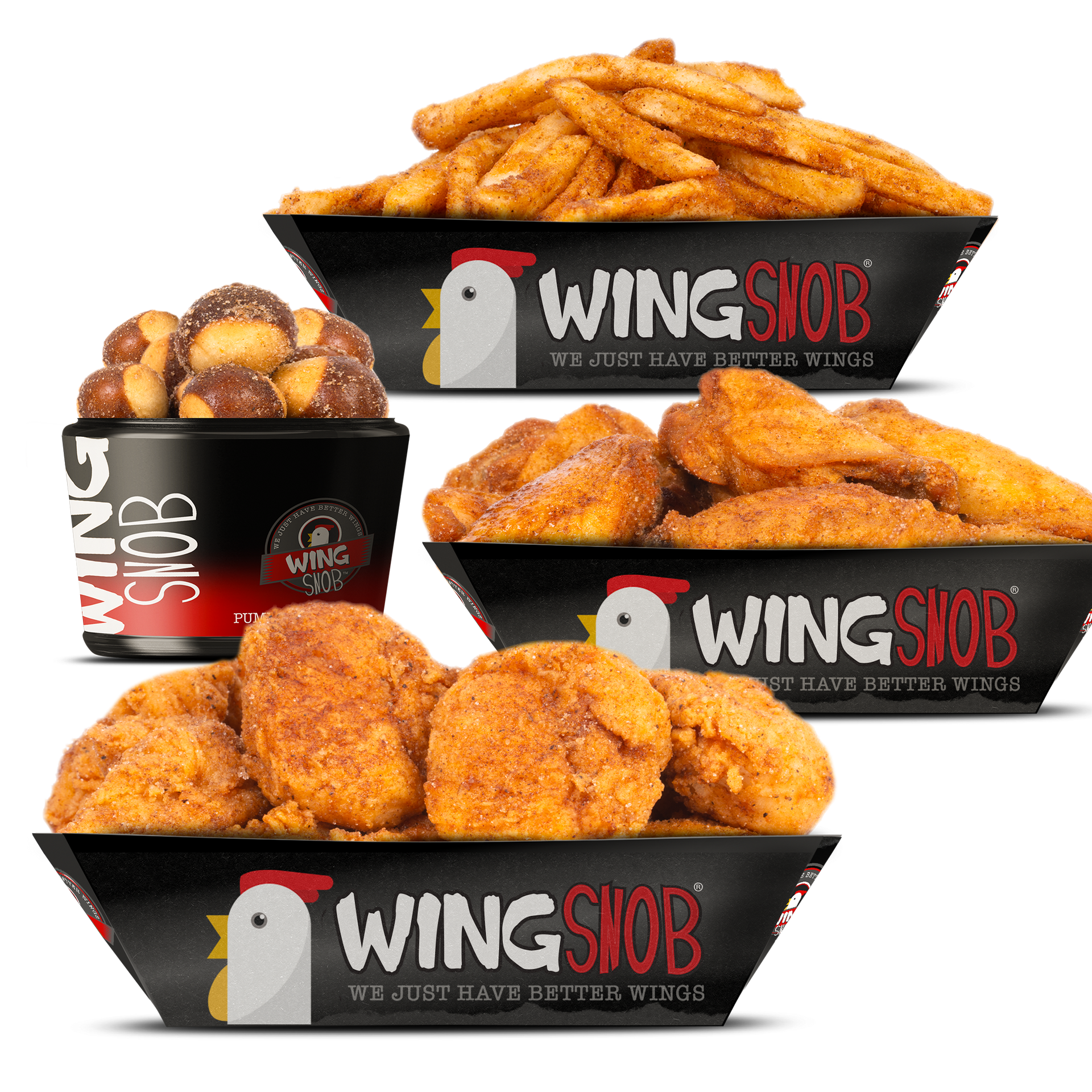 Two trays of buffalo chicken wings in black Wingstop containers