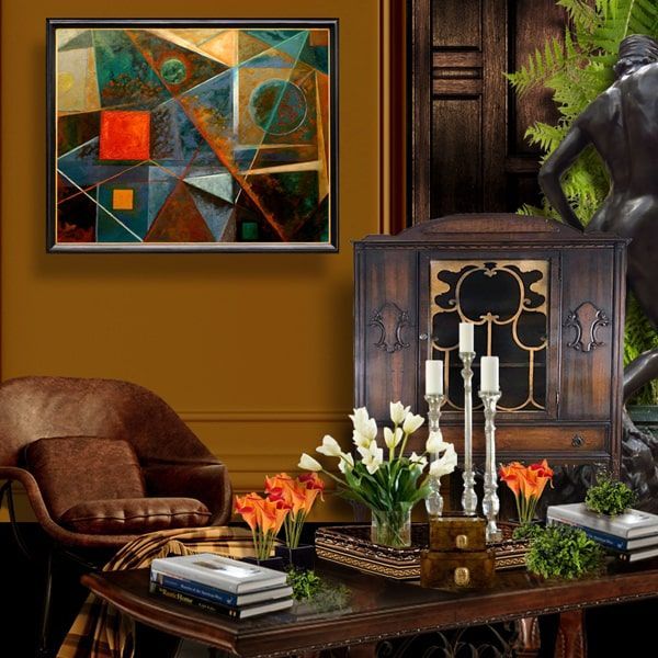 Beautiful home library with abstract oil painting titled