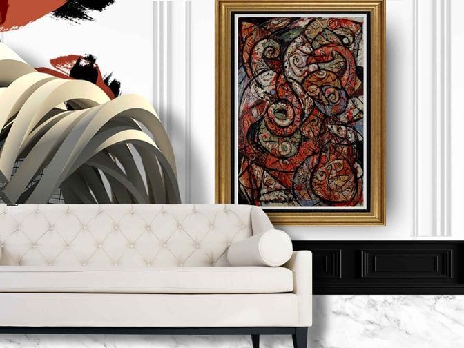 John Varriano's abstract oil painting, Cave Painting # 5 shown in white modern living room.