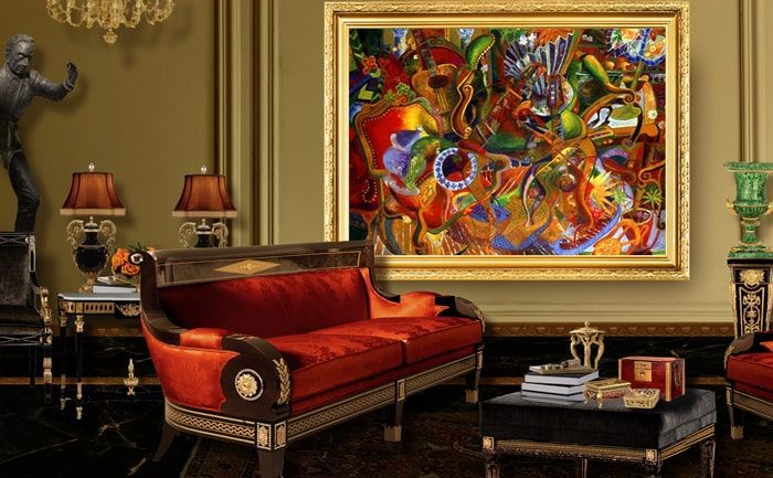 Luxurious living room with abstract oil painting titled