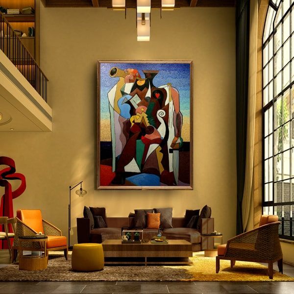 Gorgeous modern living room with large abstract oil painting titled