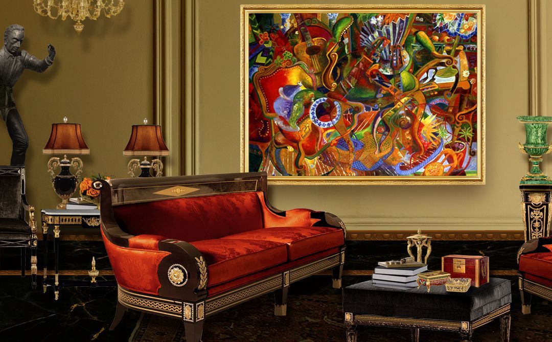 Luxurious living room with abstract oil painting titled