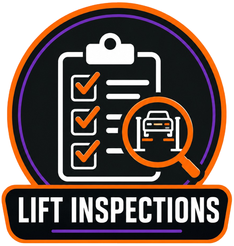 Lift inspections logo with clipboard checklist and orange magnifying glass on black background