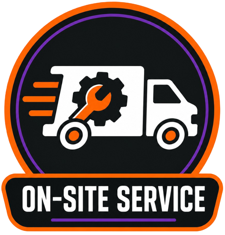 Black and orange on-site service logo with a repair truck, wrench, and gear icon.