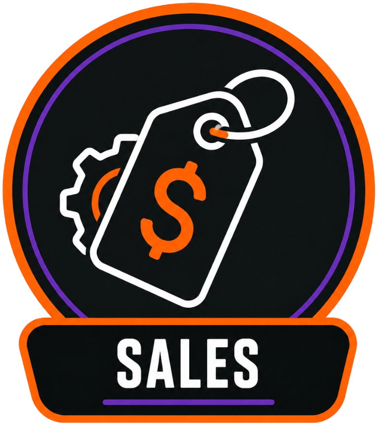Black sale tag icon with orange dollar sign and the word “SALES” on a dark circular background.