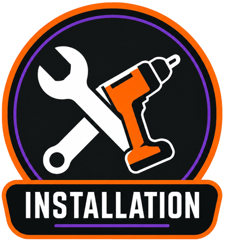 Wrench and drill icon in orange and white above the word “INSTALLATION” on a black circular badge