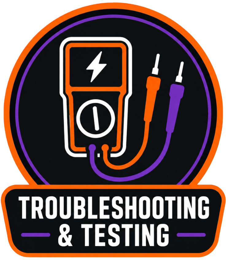 Logo with multimeter and test leads, labeled “TROUBLESHOOTING & TESTING” in black, orange, and purple.