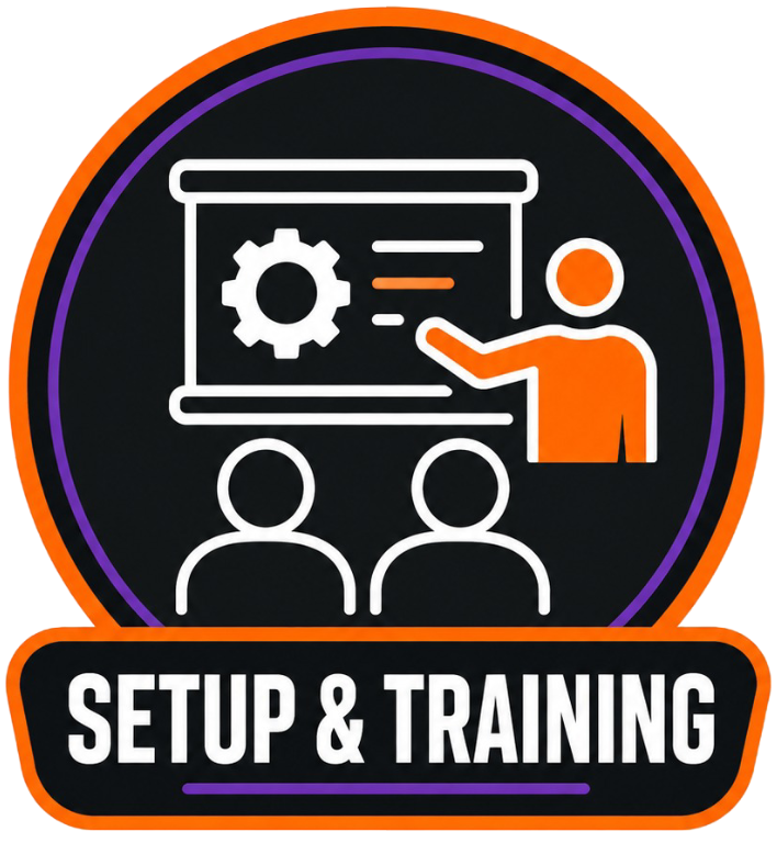 Setup and training logo with teacher at whiteboard in orange, black, and white