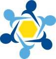 A blue and yellow logo with a yellow hexagon in the middle