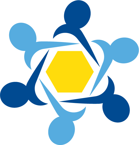 A blue and yellow logo with a yellow hexagon in the middle